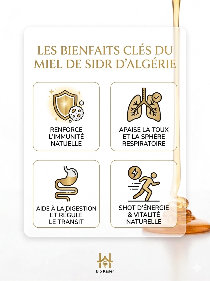 Infographie des bienfaits clés du miel de Sidr d'Algérie : immunité, sphère respiratoire, digestion, énergie