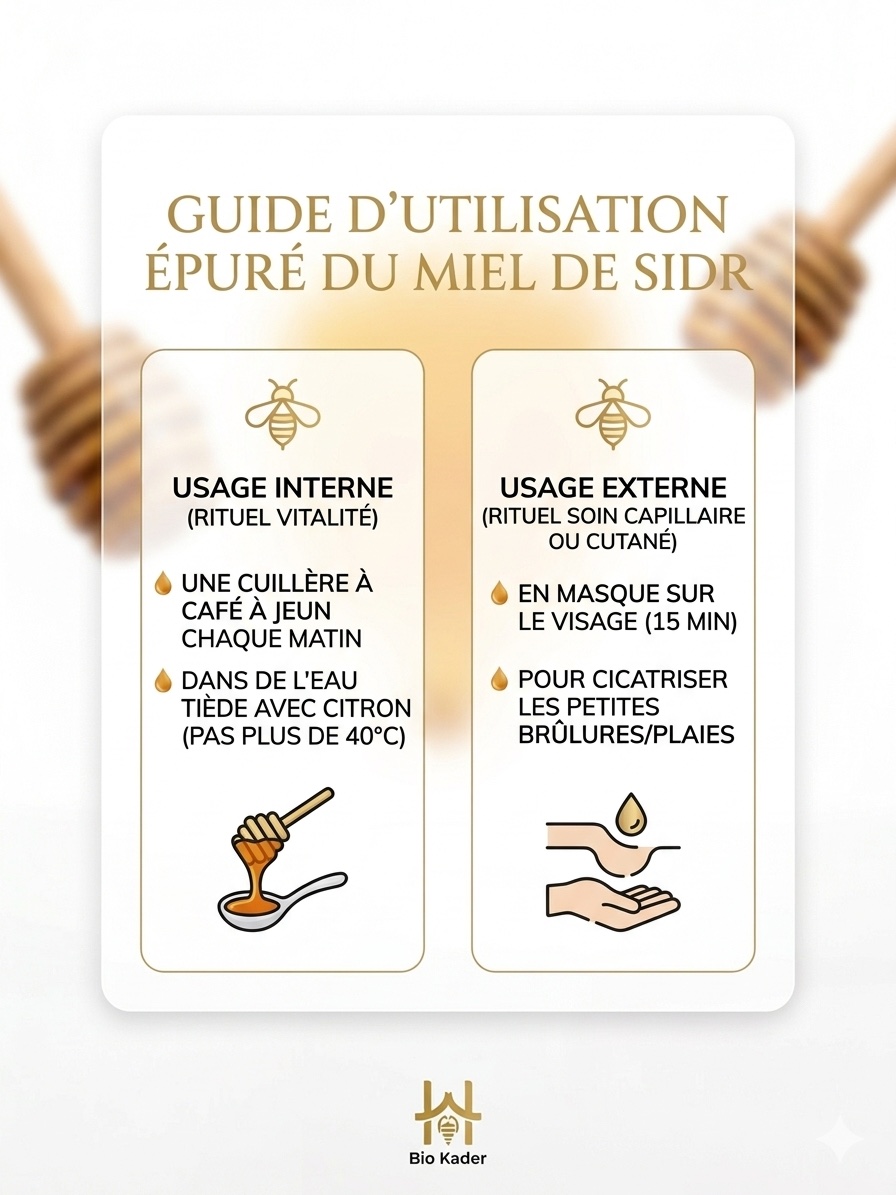 Guide d'utilisation du miel de Sidr : usage interne à jeun et usage externe en masque visage ou soin capillaire