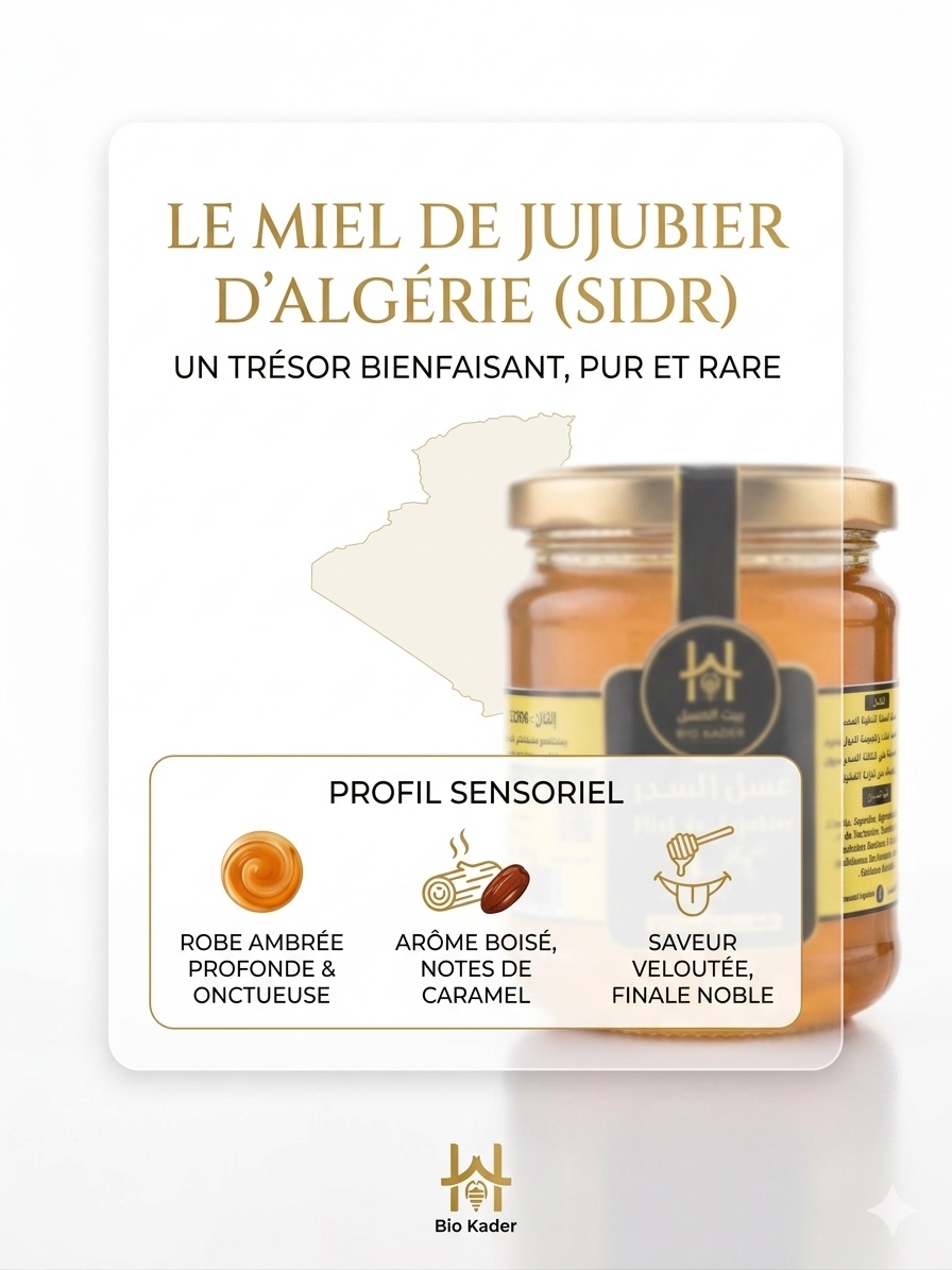 Profil sensoriel du miel de Jujubier d'Algérie : robe ambrée profonde, arôme boisé aux notes de caramel, saveur veloutée